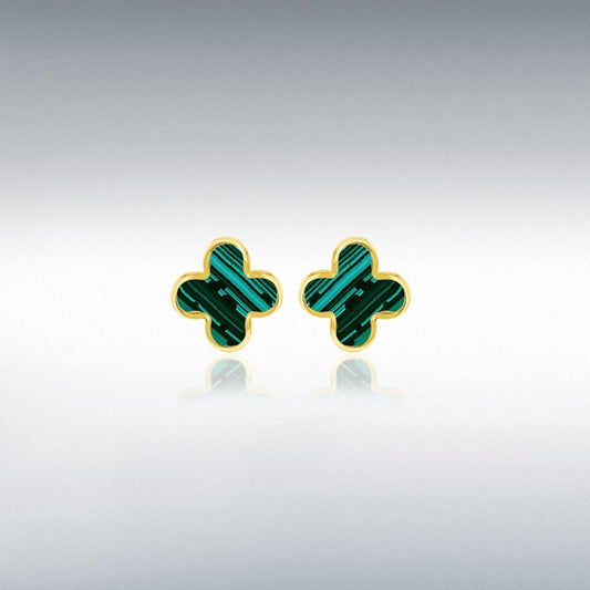 9ct Yellow Gold Malachite Clover Stud Earrings