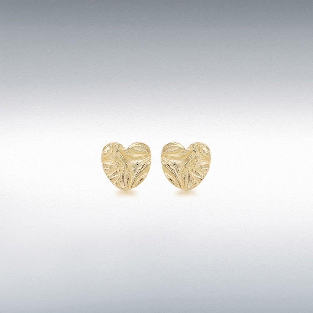9ct Yellow Gold Textured Heart Stud Earrings