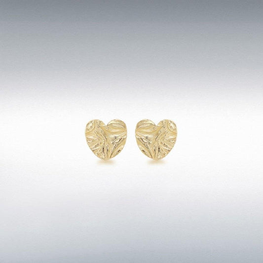 9ct Yellow Gold Textured Heart Stud Earrings