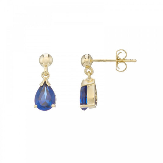 9ct YG Lab Grown Pear Cut Sapphire Drop Earrings