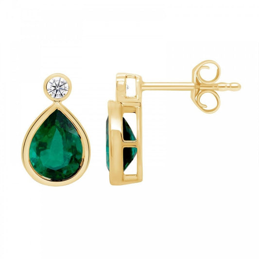 9ct YG Lab Grown Pear Emerald & Diamond Earrings