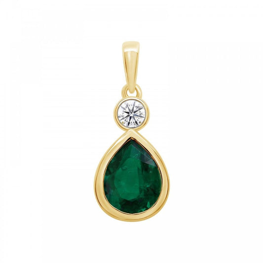 9ct YG Lab Grown Pear Emerald & Diamond Pendant