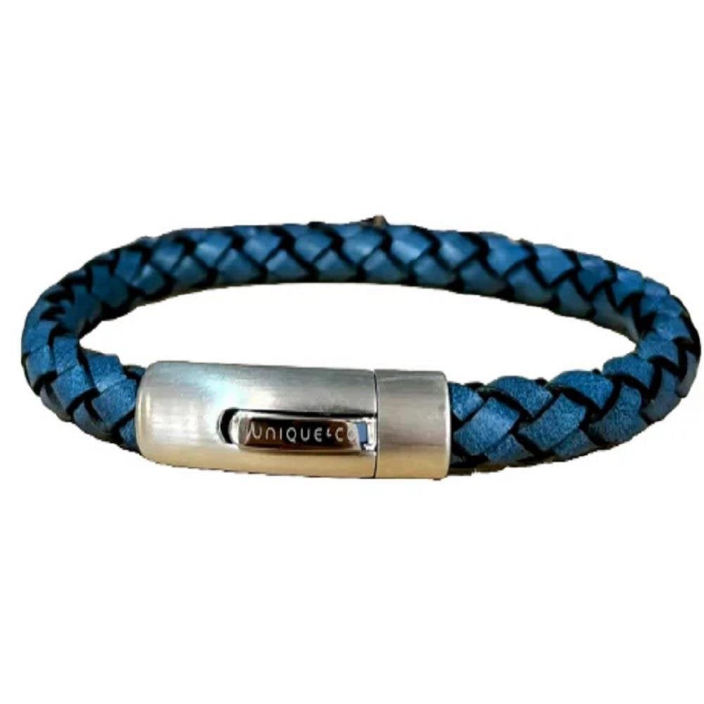 Blue Leather Bracelet Matt Steel Clasp 19cm