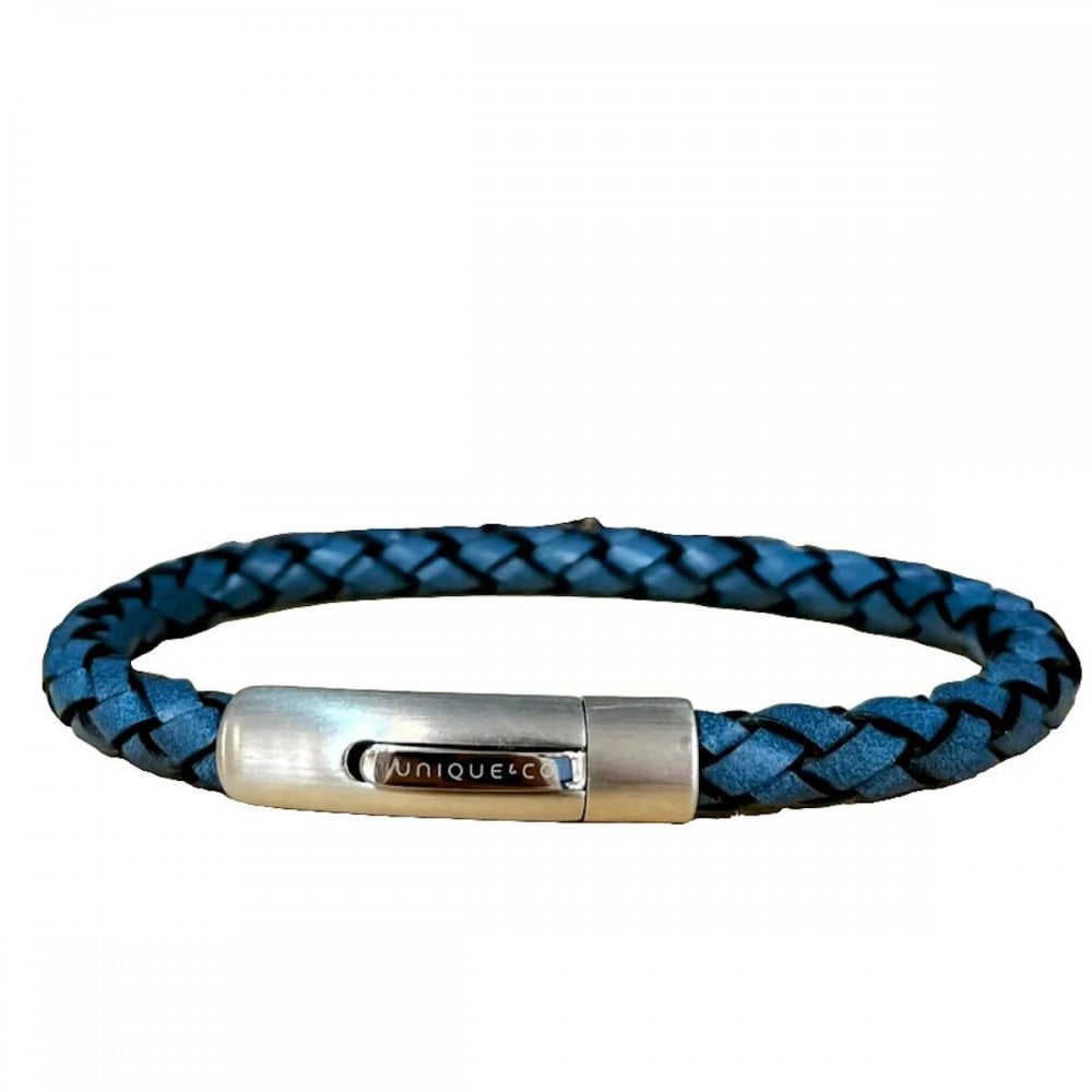 Blue Leather Bracelet with Polished Steet Clasp 21cm