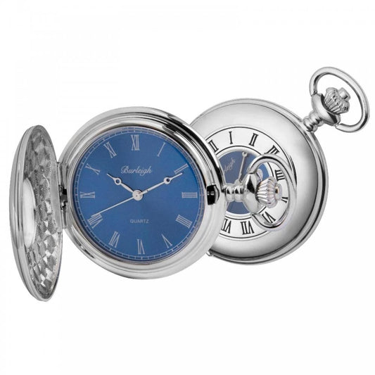 Chrome Blue Dial Quartz Pocket Watch & Chain
