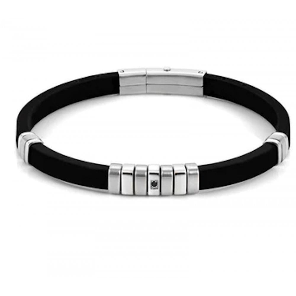 CITY MENS BRACELET,STEEL,RUBBER & BLACK CZ
