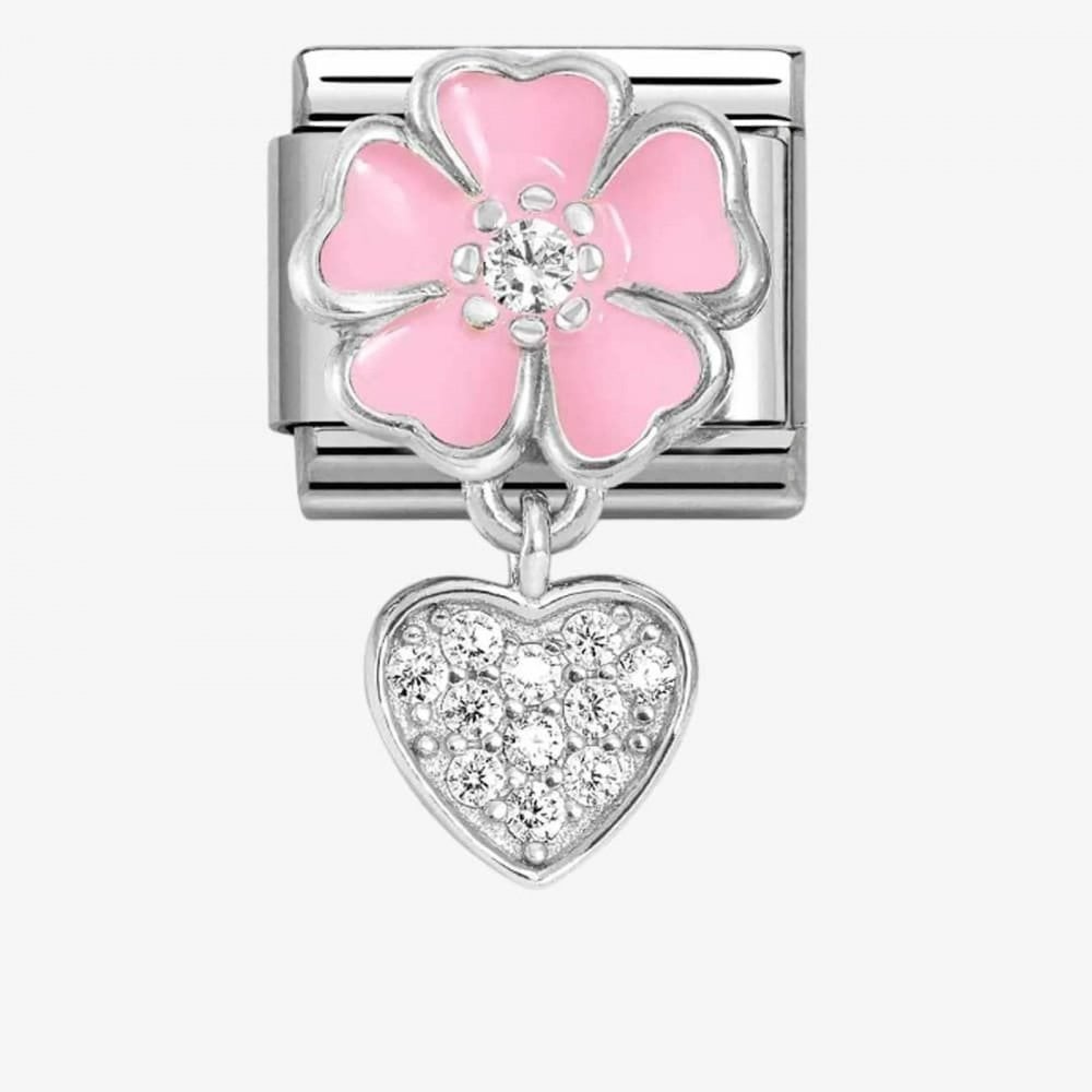 Classic Composable Pink flower with Dangle Heart CZ Charm