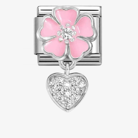 Classic Composable Pink flower with Dangle Heart CZ Charm