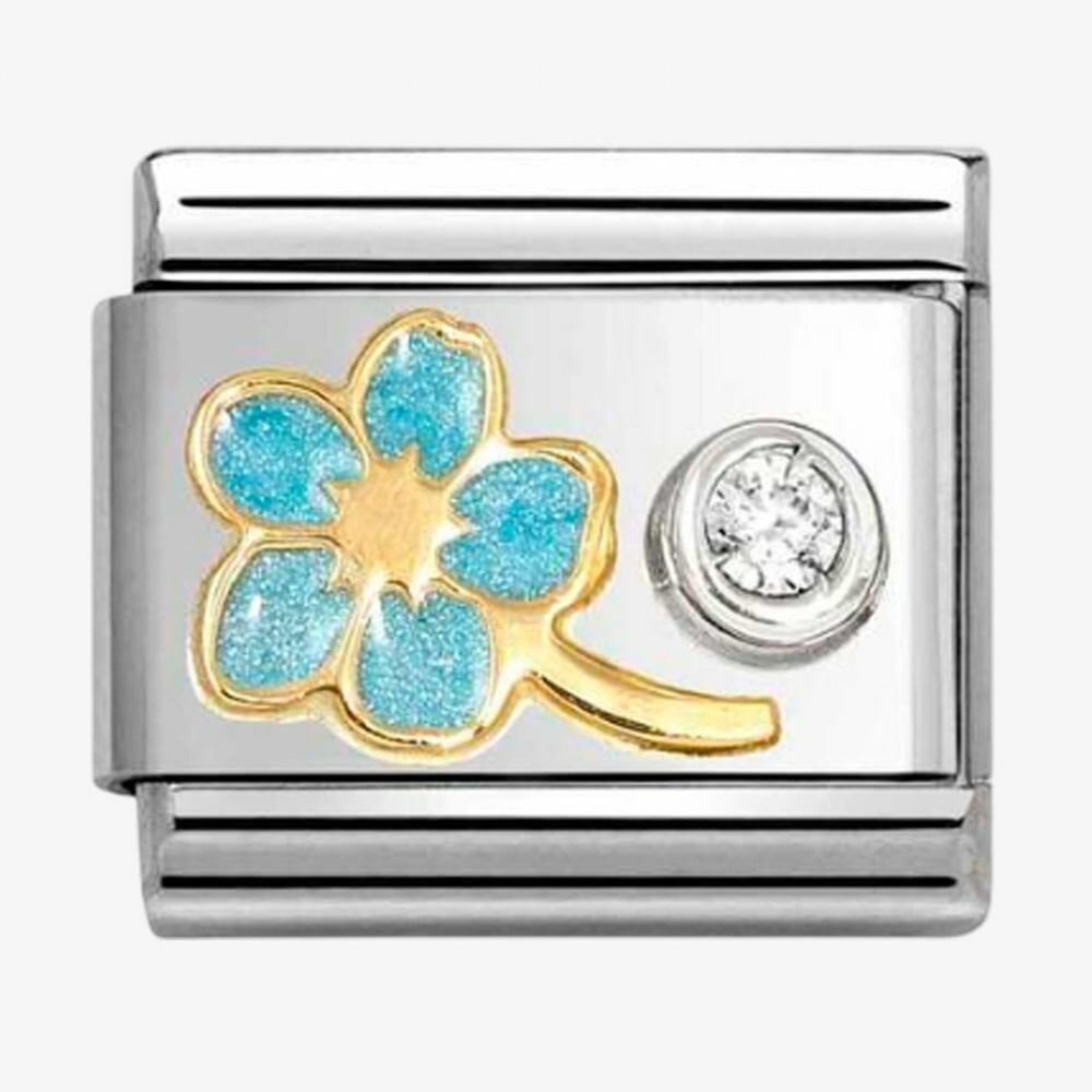 Classic Composable Stainless Steel 18ct Yellow Gold Cubic Zirconia Blue Myosotis Charm