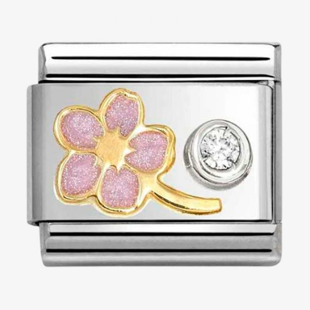 Classic Composable Stainless Steel 18ct Yellow Gold Cubic Zirconia Pink Myosotis Charm