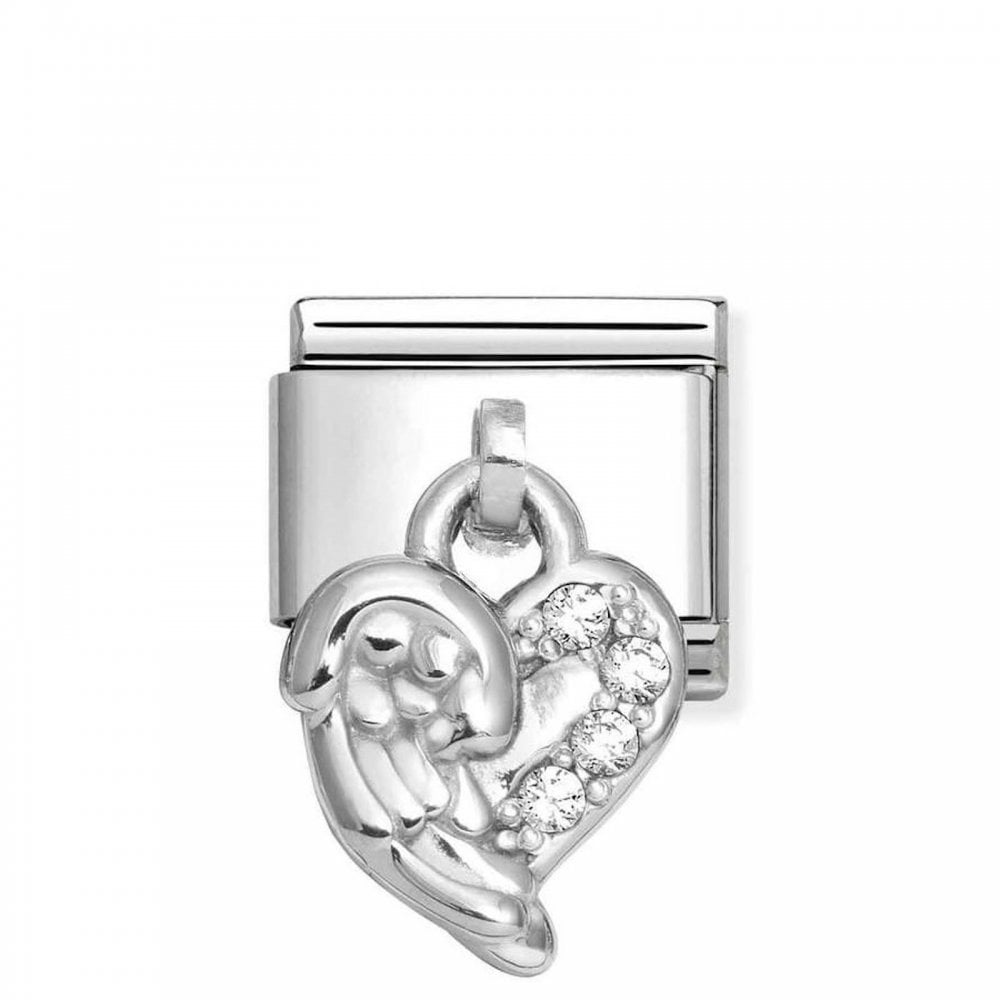 Classic Silver & White CZ Heart Wings Drop Charm