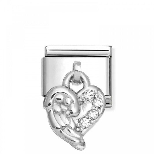 Classic Silver & White CZ Heart Wings Drop Charm