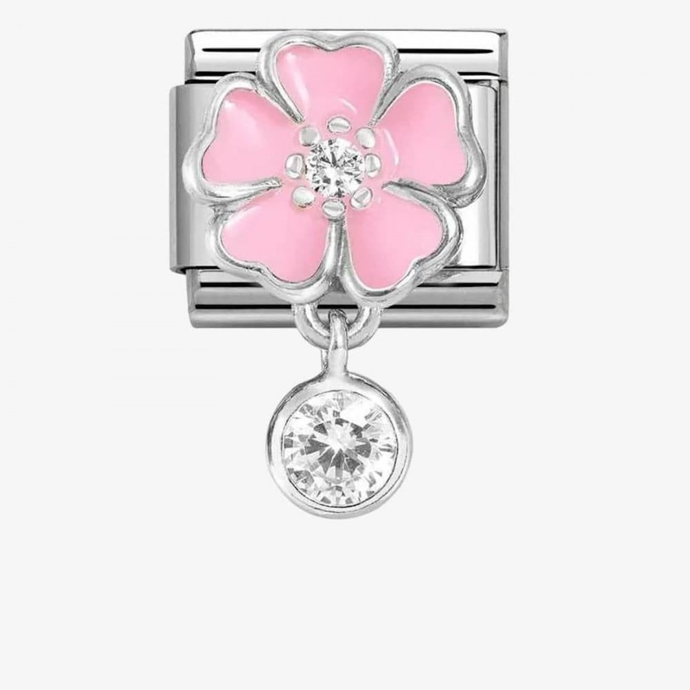 CLASSIC Silvershine Pink Flower Round Cubic Zirconia Dropper Charm