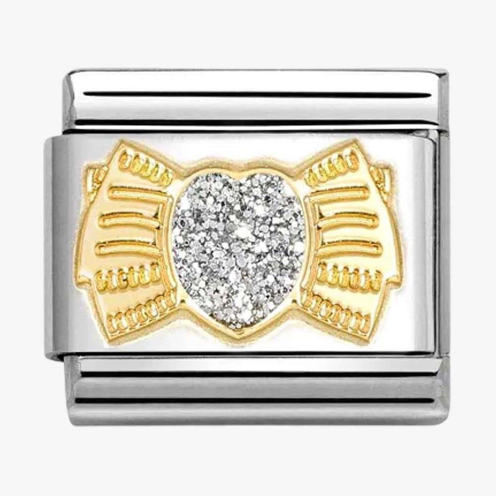 CLASSIC Stainless Steel & 18ct Yellow Gold Glitter Heart Bow Charm