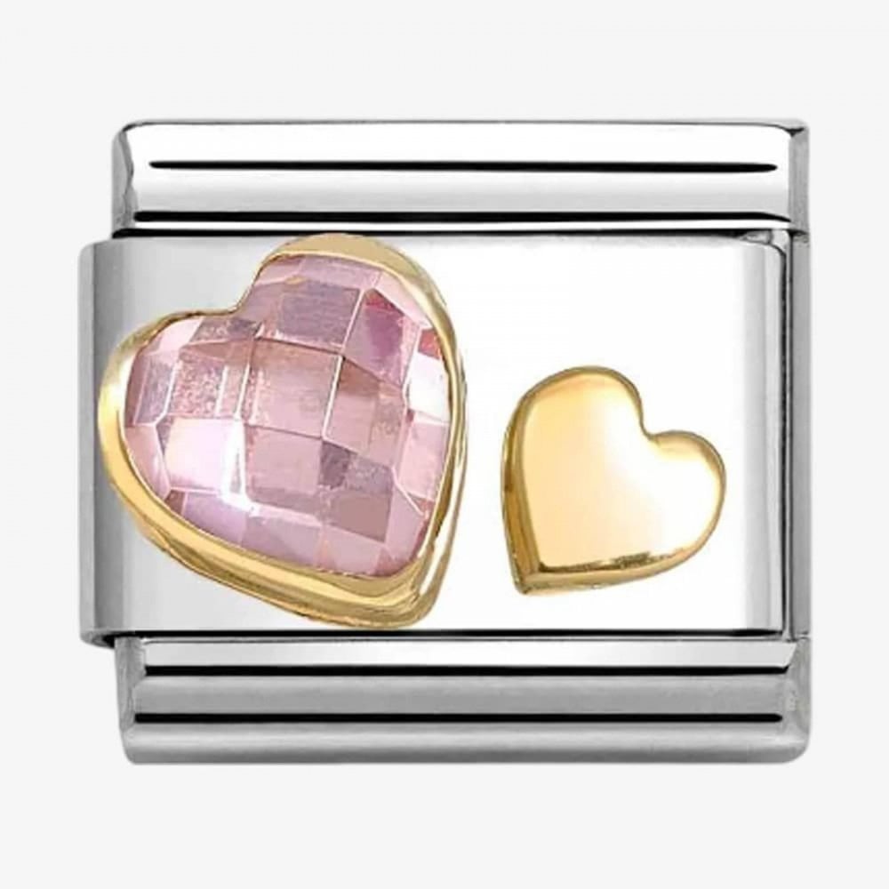 CLASSIC Yellow Gold Pink Cubic Zirconia Double Heart Charm