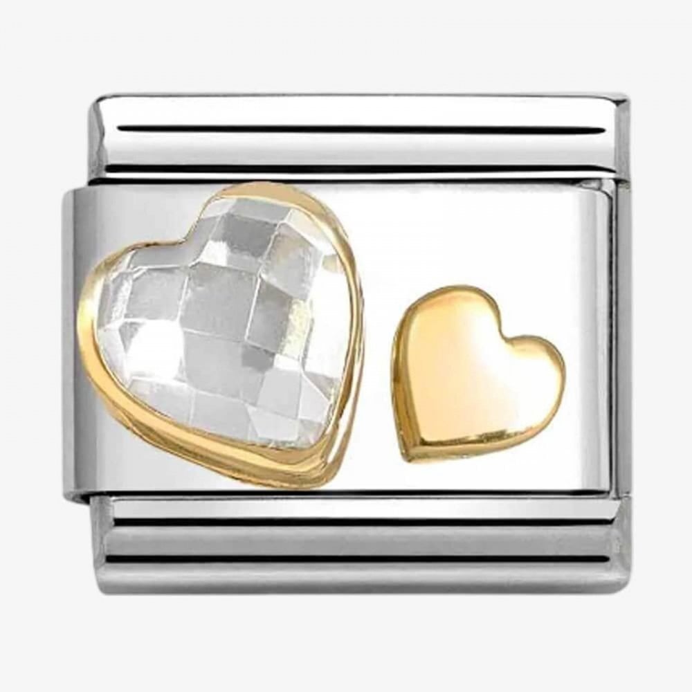 CLASSIC Yellow Gold White Cubic Zirconia Double Heart Charm