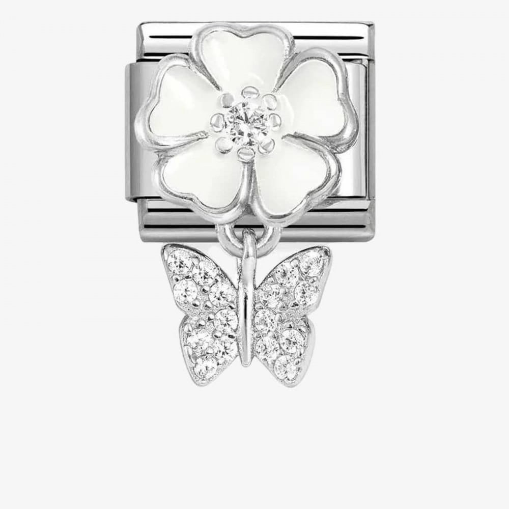 Composable Silver Shine White Flower with Butterfly Charm