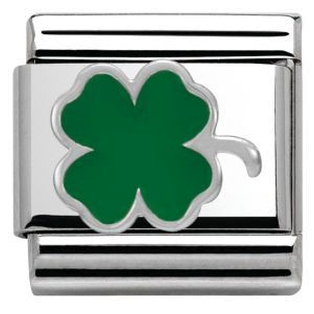 Composable Stainless Steel and Silver Green Enamel Four Leaf Clover