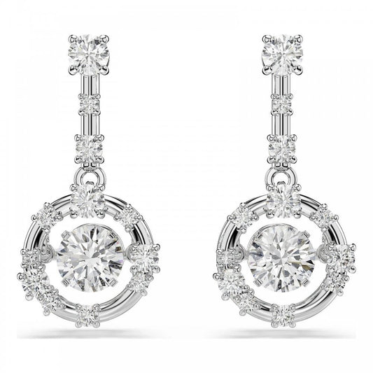 Constella drop earrings, Round cut, Dancing stone, White, Rhodium