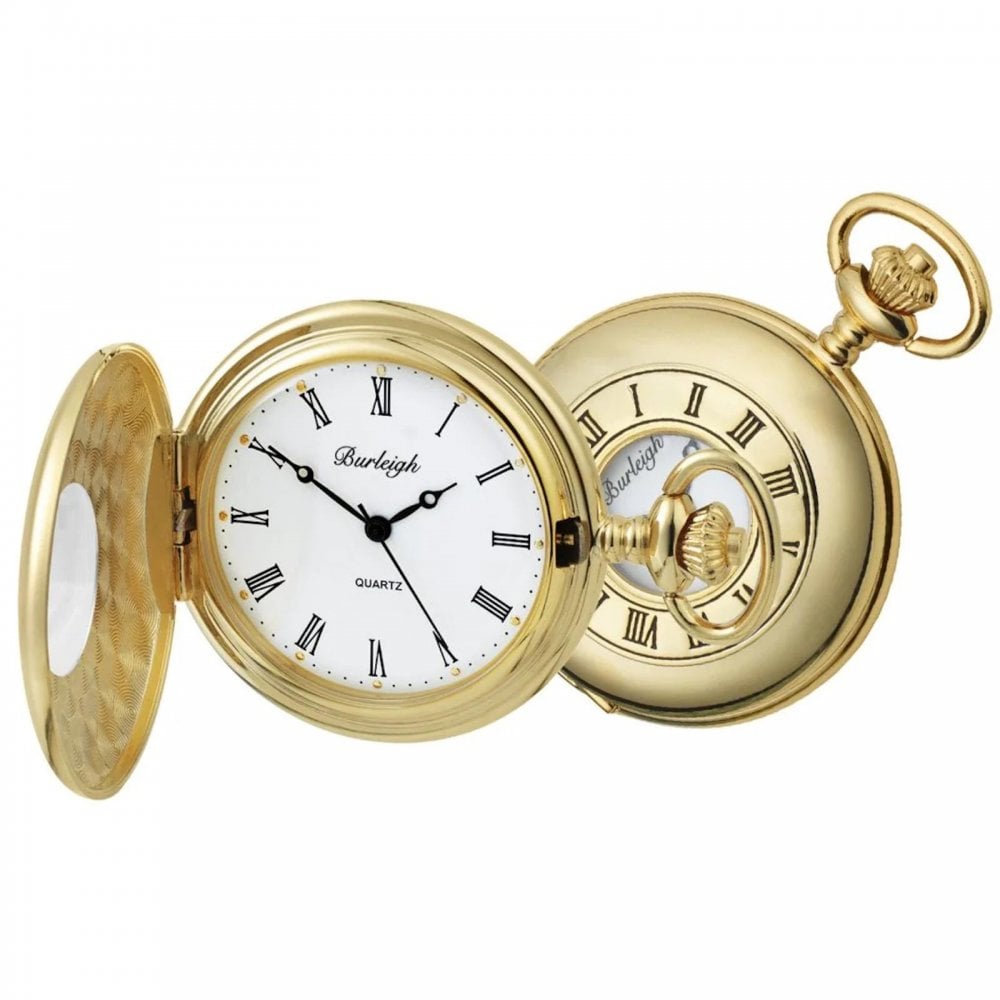 Gold Plated Half Hunter Quartz Pocket Watch & Chain