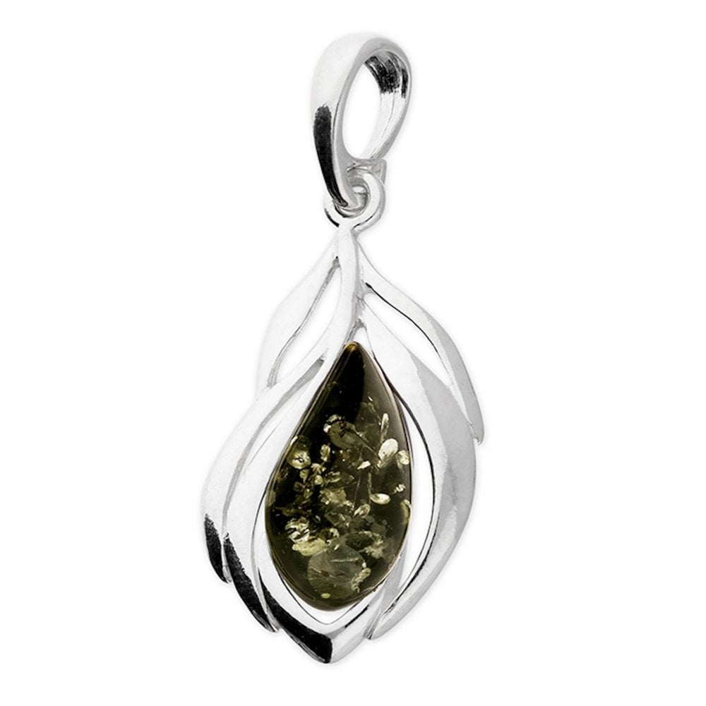 Green Amber Leaf Silver Pendant