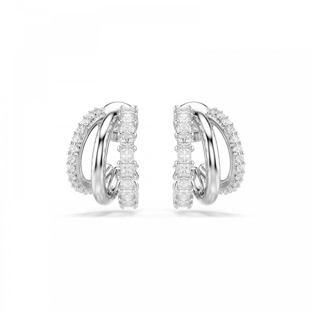 Hyperbola hoop earrings, Round cut, Mini, White, Rhodium plated