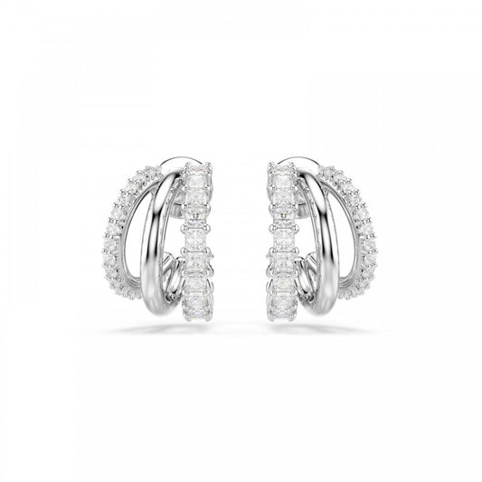 Hyperbola hoop earrings, Round cut, Mini, White, Rhodium plated