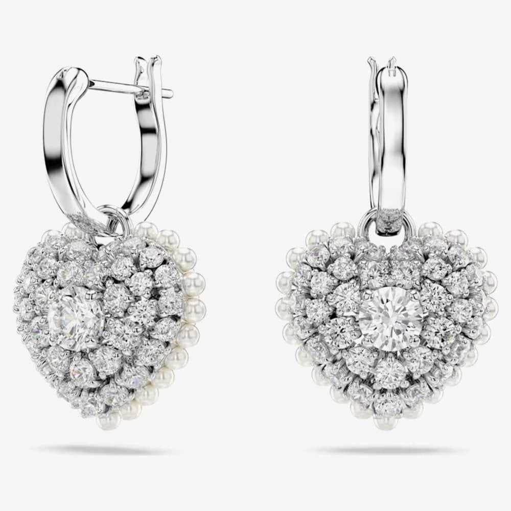 Hyperbola Rhodium Plated White Heart Dropper Earrings