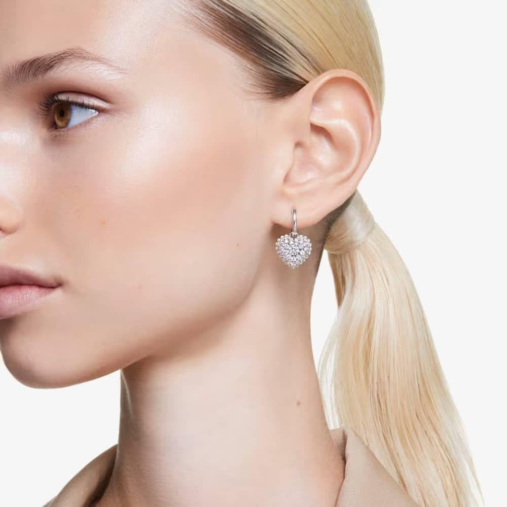 Hyperbola Rhodium Plated White Heart Dropper Earrings