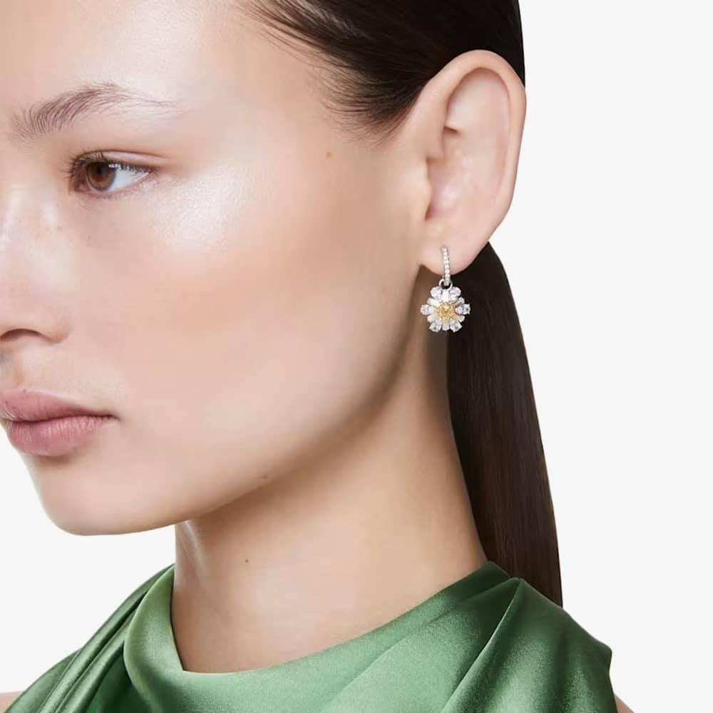 Idyllia Rhodium Plated Yellow Flower Dropper Earrings