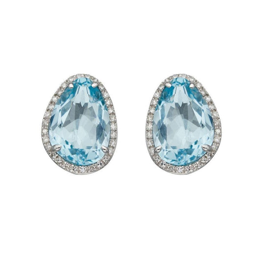 Irregular Shaped Blue Topaz Earrings With Diamonds In White Gold