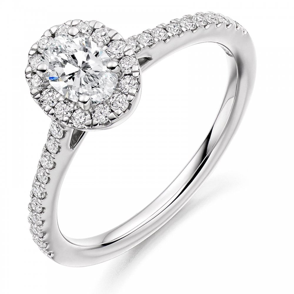 Platinum Oval Diamond 0.58ct Halo Ring Size L