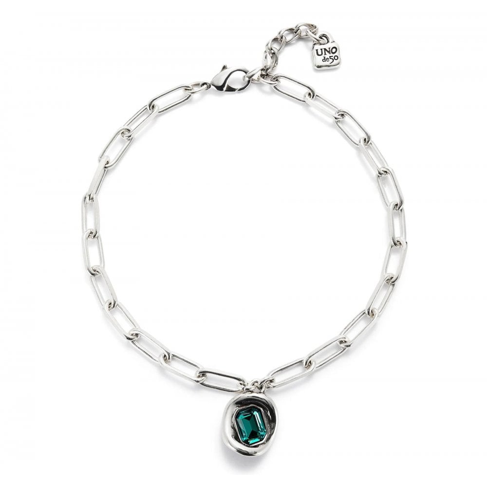 Ser Valiente Dark Green Crystal Curvaceous Silver Necklace