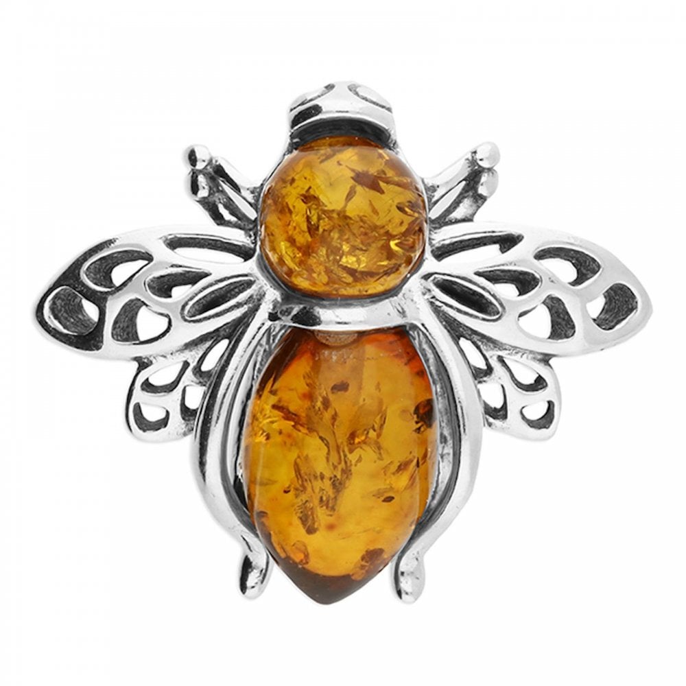 Silver Cognac Amber Bee Pin Brooch