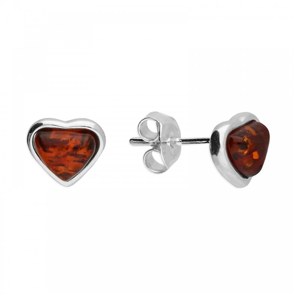 Silver Cognac Amber Heart Stud Earrings