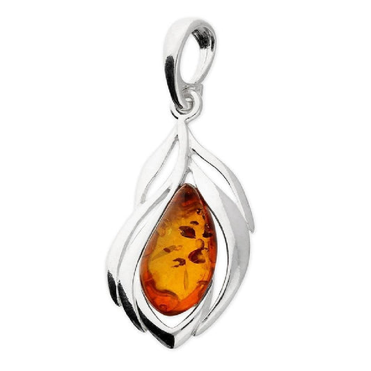 Silver Cognac Amber Single Leaf Pendant