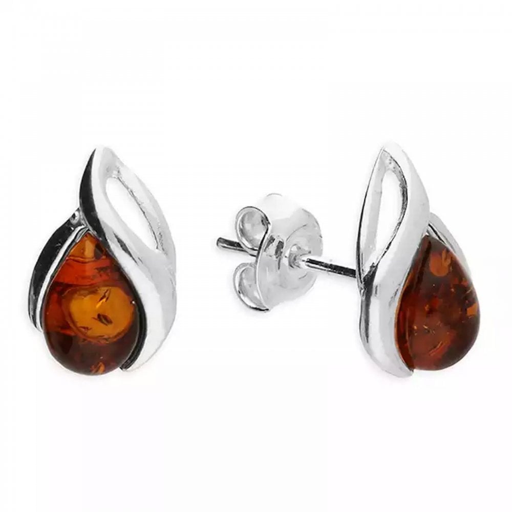 Silver Cognac Amber Teardrop Stud Earrings