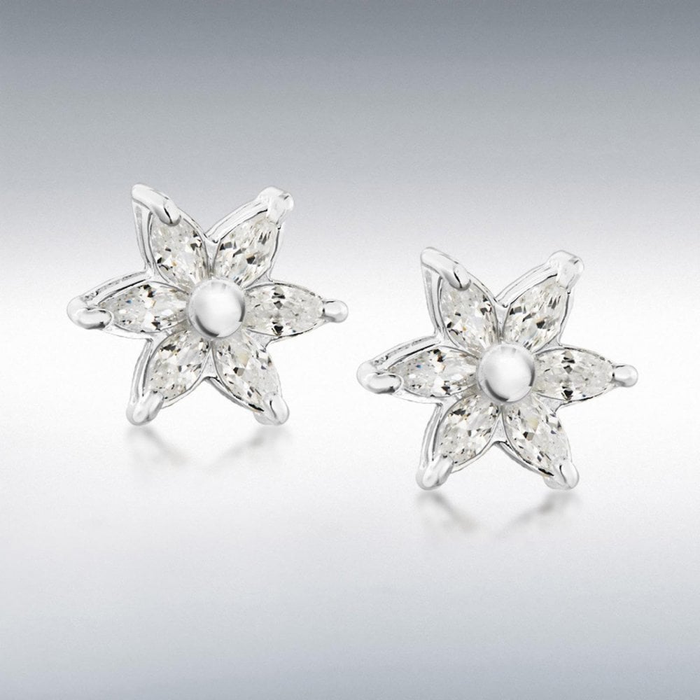 Silver CZ Flower Stud Earrings