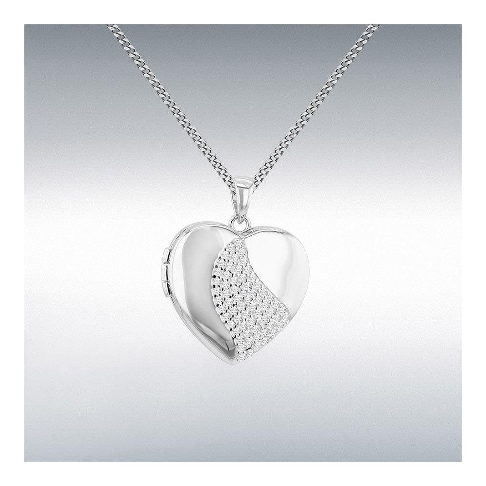 Silver CZ Pave Set Heart Locket & Chain