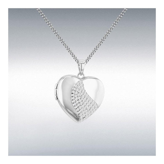 Silver CZ Pave Set Heart Locket & Chain
