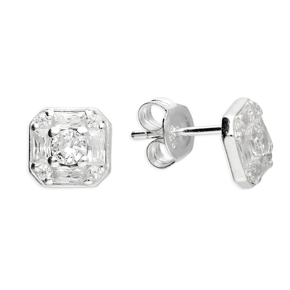 Silver CZ Square Mixed Cut Stud Earrings