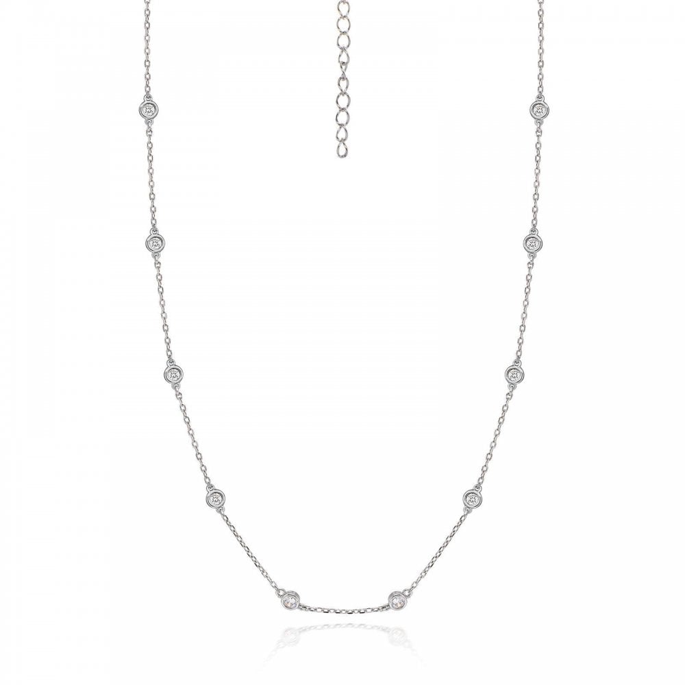 Silver CZ Station Necklace 16/18 Inch