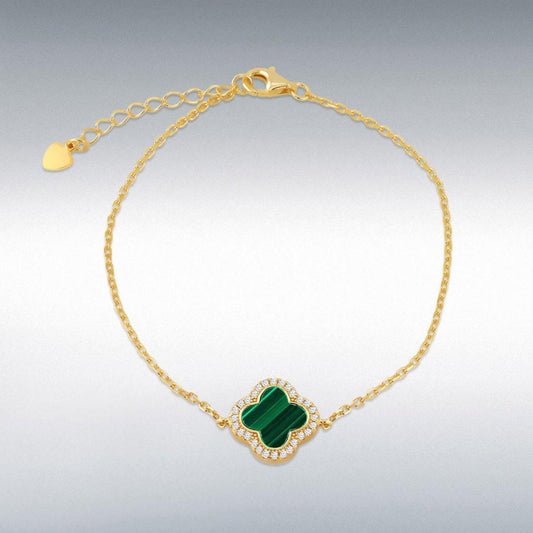 Silver Gold Plated  CZ Malachite Petal 8" Bracelet Adjustable