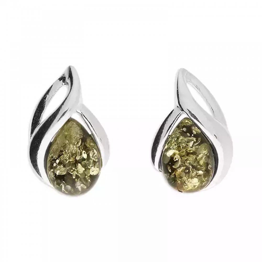 Silver Green Amber Teardrop Stud Earrings