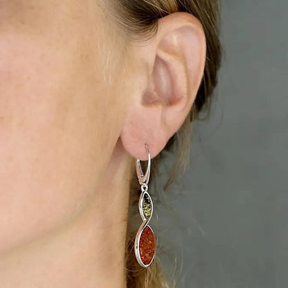 Silver Mixed Amber Duo Twist Hook Earrings