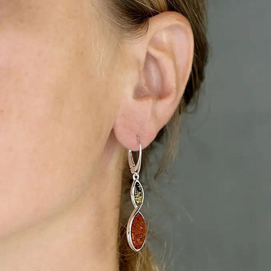 Silver Mixed Amber Duo Twist Hook Earrings