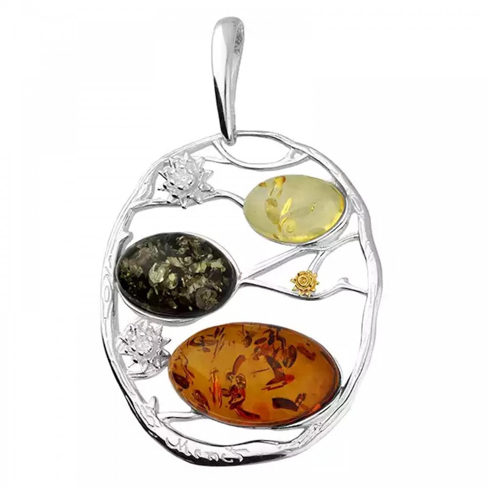 Silver Mixed Amber Flower Open Disc Pendant