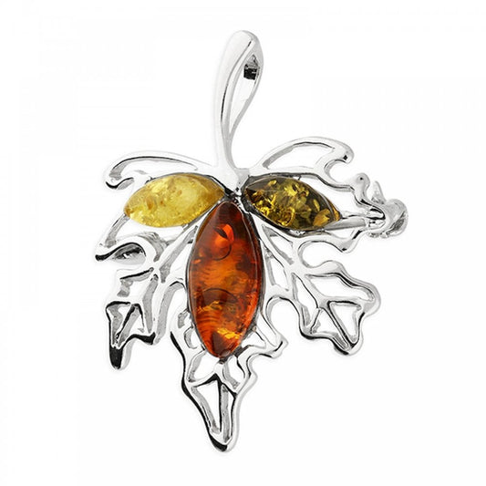 Silver Mixed Amber Maple Leaf Brooch
