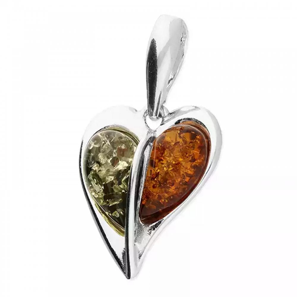 Silver Mixed Amber Split Heart Pendant