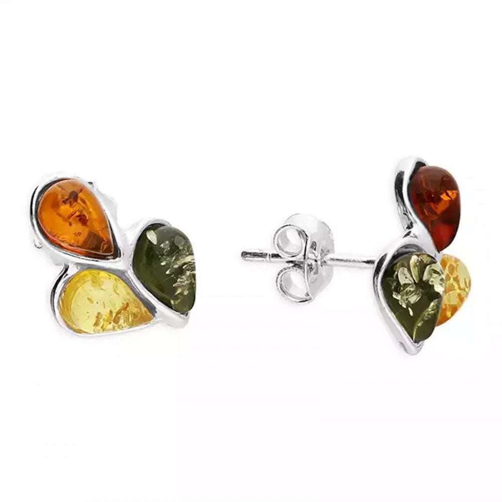 Silver Mixed Amber Triple Teardrop Earrings